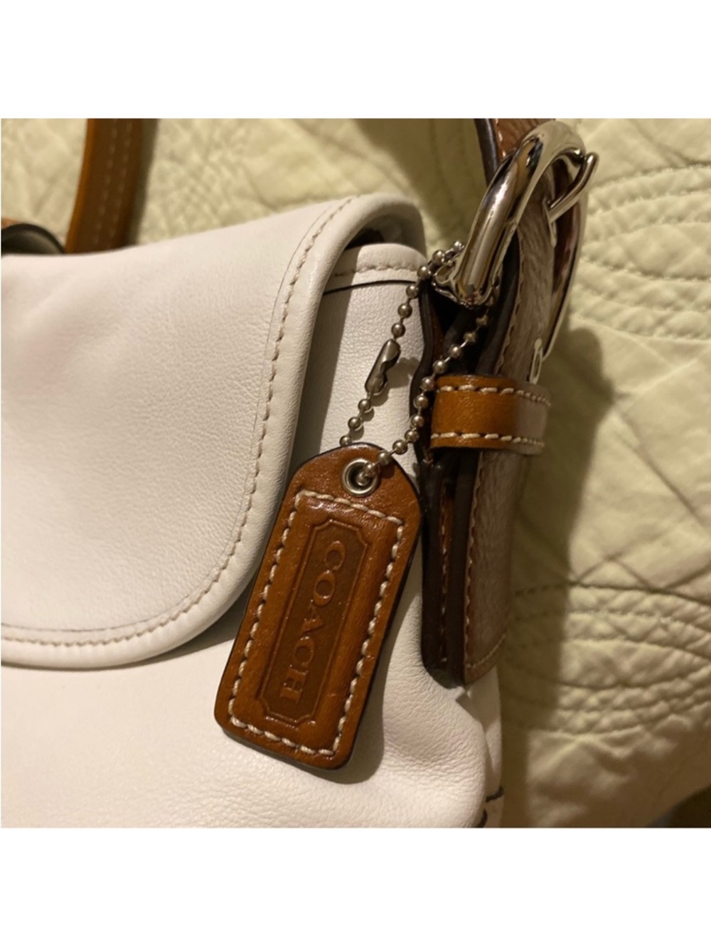 Coach White SoHo Leather Shoulder Bag with Brown Trim and Buckle - Picture 9 of 14